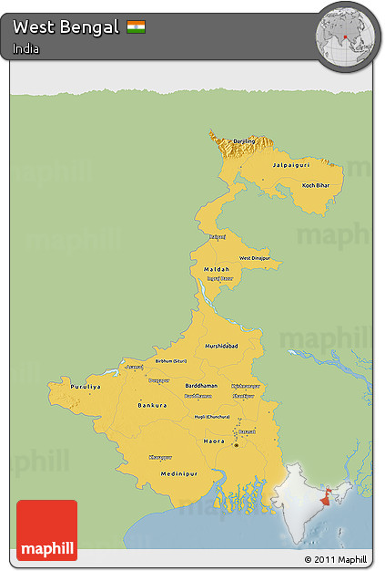 Savanna Style 3D Map of West Bengal, single color outside