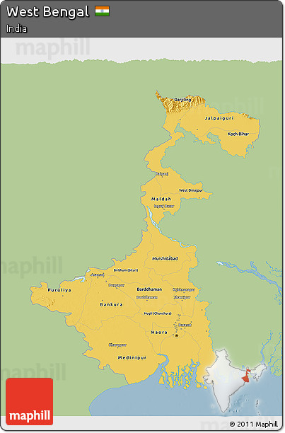 Savanna Style 3D Map of West Bengal, single color outside