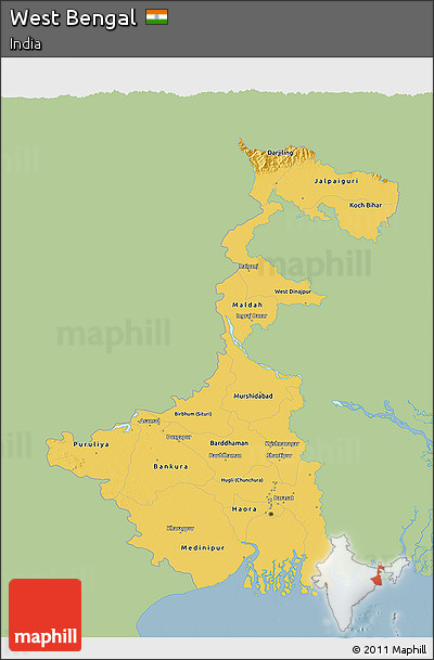 Savanna Style 3D Map of West Bengal, single color outside