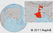 Gray Location Map of West Bengal, hill shading