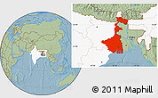 Savanna Style Location Map of West Bengal, highlighted country, hill shading