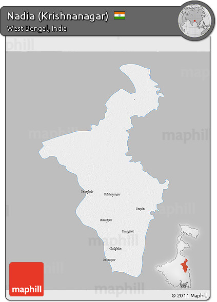 Gray 3D Map of Nadia (Krishnanagar), single color outside