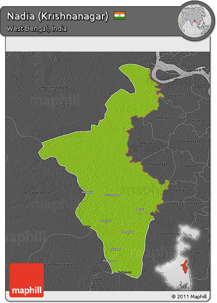 Physical 3D Map of Nadia (Krishnanagar), darken, desaturated