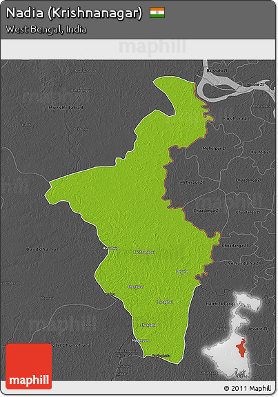 Physical 3D Map of Nadia (Krishnanagar), darken, desaturated