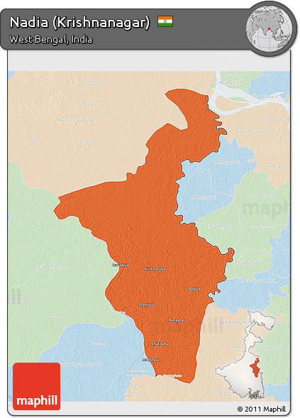 Political 3D Map of Nadia (Krishnanagar), lighten