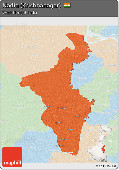 Political 3D Map of Nadia (Krishnanagar), lighten
