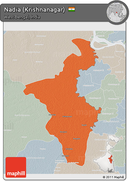 Political 3D Map of Nadia (Krishnanagar), lighten, semi-desaturated