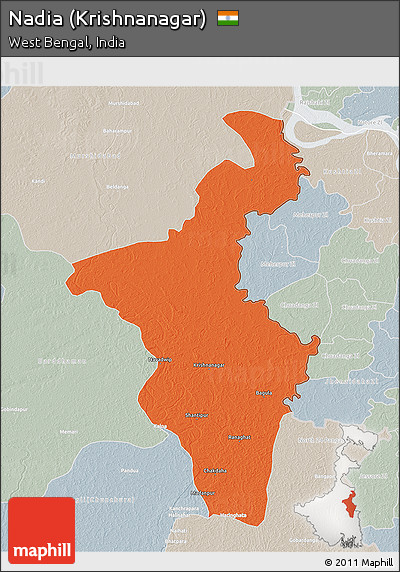 Political 3D Map of Nadia (Krishnanagar), lighten, semi-desaturated