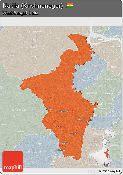 Political 3D Map of Nadia (Krishnanagar), lighten, semi-desaturated