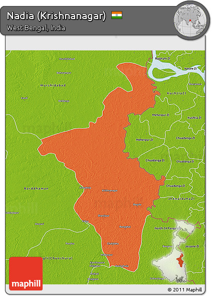 Political 3D Map of Nadia (Krishnanagar), physical outside