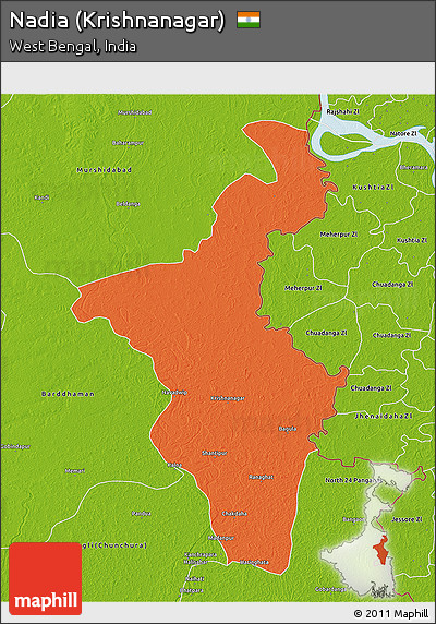 Political 3D Map of Nadia (Krishnanagar), physical outside