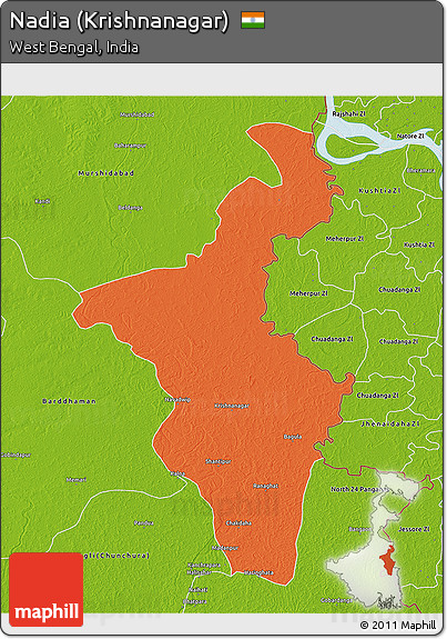 Political 3D Map of Nadia (Krishnanagar), physical outside