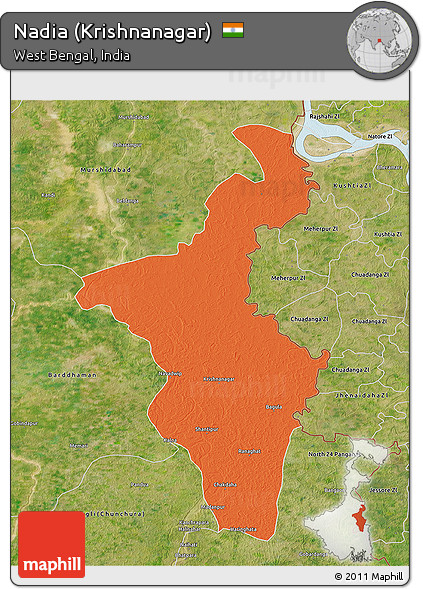 Political 3D Map of Nadia (Krishnanagar), satellite outside