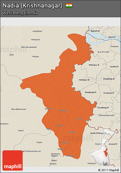 Political 3D Map of Nadia (Krishnanagar), shaded relief outside