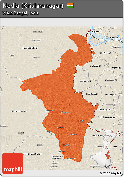 Political 3D Map of Nadia (Krishnanagar), shaded relief outside