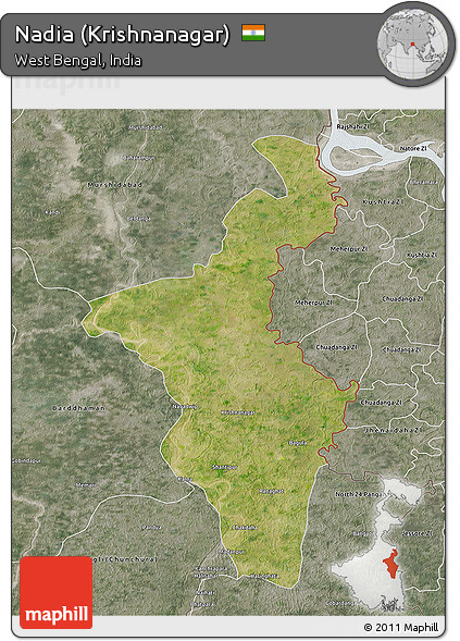 Satellite 3D Map of Nadia (Krishnanagar), semi-desaturated