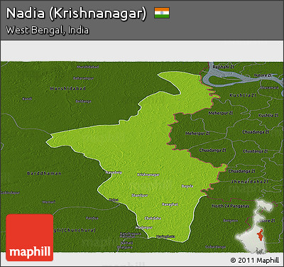 Physical Panoramic Map of Nadia (Krishnanagar), darken