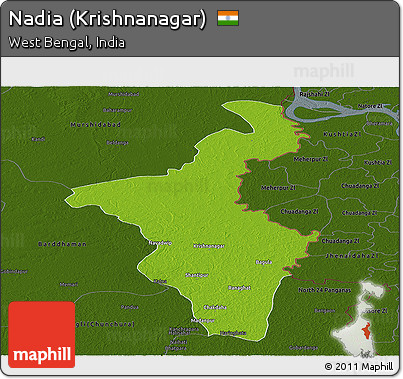 Physical Panoramic Map of Nadia (Krishnanagar), darken