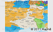 Shaded Relief Panoramic Map of West Bengal, political shades outside