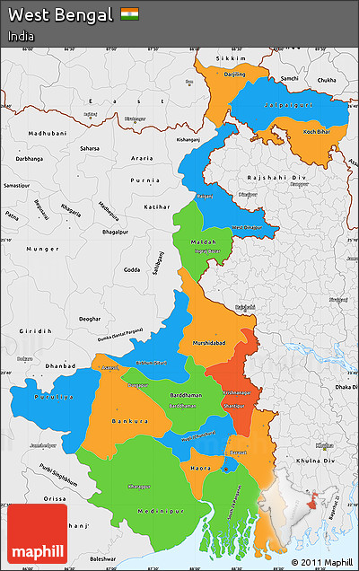 Political Simple Map of West Bengal, single color outside, borders and labels