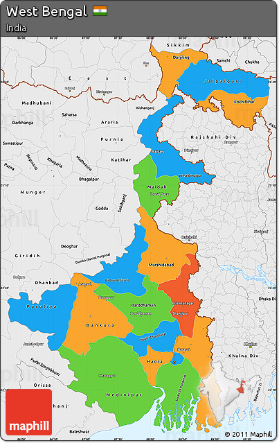 Political Simple Map of West Bengal, single color outside, borders and labels