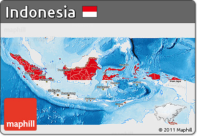 Flag 3D Map of Indonesia, single color outside, bathymetry sea, shaded relief sea, flag centered
