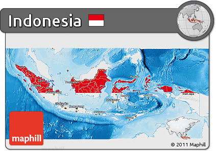 Flag 3D Map of Indonesia, single color outside, bathymetry sea, shaded relief sea