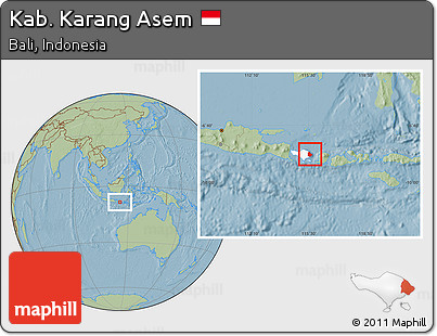 Savanna Style Location Map of Kab. Karang Asem, highlighted parent region, hill shading