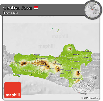 Physical 3D Map of Central Java, lighten, desaturated