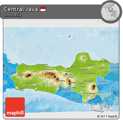 Physical 3D Map of Central Java, political shades outside