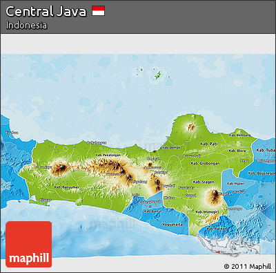 Physical 3D Map of Central Java, political shades outside