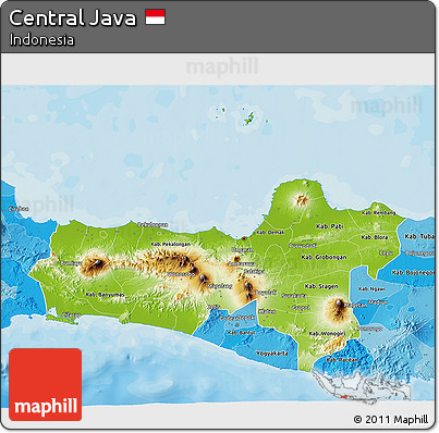 Physical 3D Map of Central Java, political shades outside