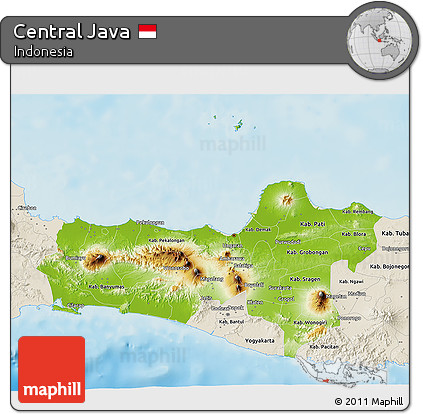 Physical 3D Map of Central Java, shaded relief outside