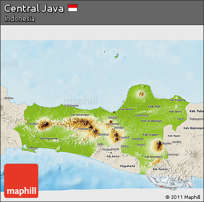 Physical 3D Map of Central Java, shaded relief outside
