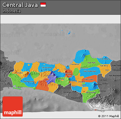 Political 3D Map of Central Java, darken, desaturated