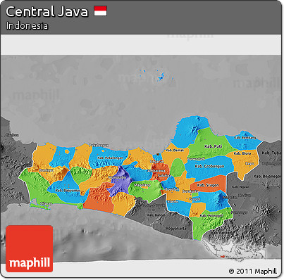 Political 3D Map of Central Java, darken, desaturated