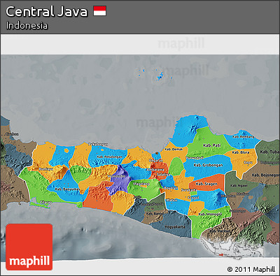Political 3D Map of Central Java, darken, semi-desaturated