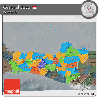 Political 3D Map of Central Java, darken, semi-desaturated