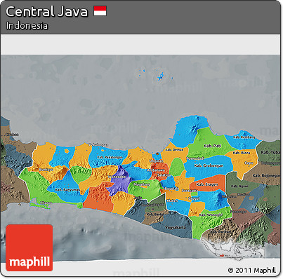 Political 3D Map of Central Java, darken, semi-desaturated