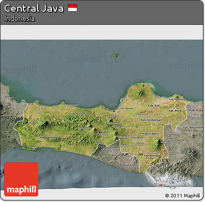 Satellite 3D Map of Central Java, semi-desaturated