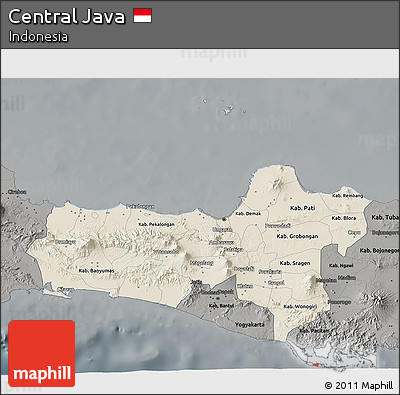 Shaded Relief 3D Map of Central Java, darken, semi-desaturated