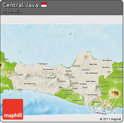 Shaded Relief 3D Map of Central Java, physical outside