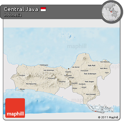 Shaded Relief 3D Map of Central Java, single color outside