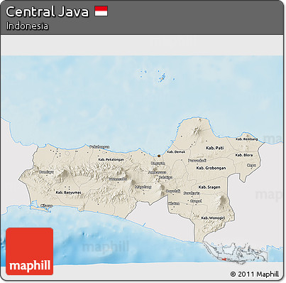 Shaded Relief 3D Map of Central Java, single color outside