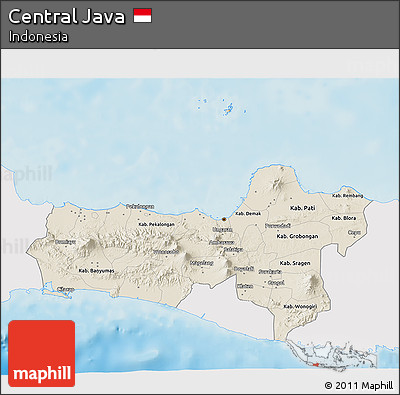 Shaded Relief 3D Map of Central Java, single color outside