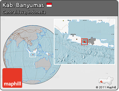 Gray Location Map of Kab. Banyumas, highlighted country, highlighted parent region, hill shading