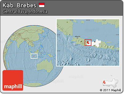 Savanna Style Location Map of Kab. Brebes, highlighted parent region, hill shading