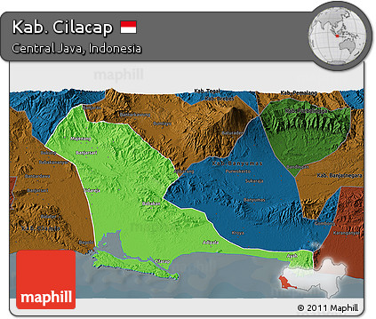 Political 3D Map of Kab. Cilacap, darken
