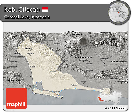 Shaded Relief 3D Map of Kab. Cilacap, darken, semi-desaturated