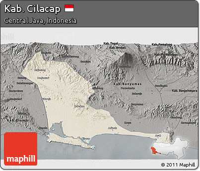 Shaded Relief 3D Map of Kab. Cilacap, darken, semi-desaturated